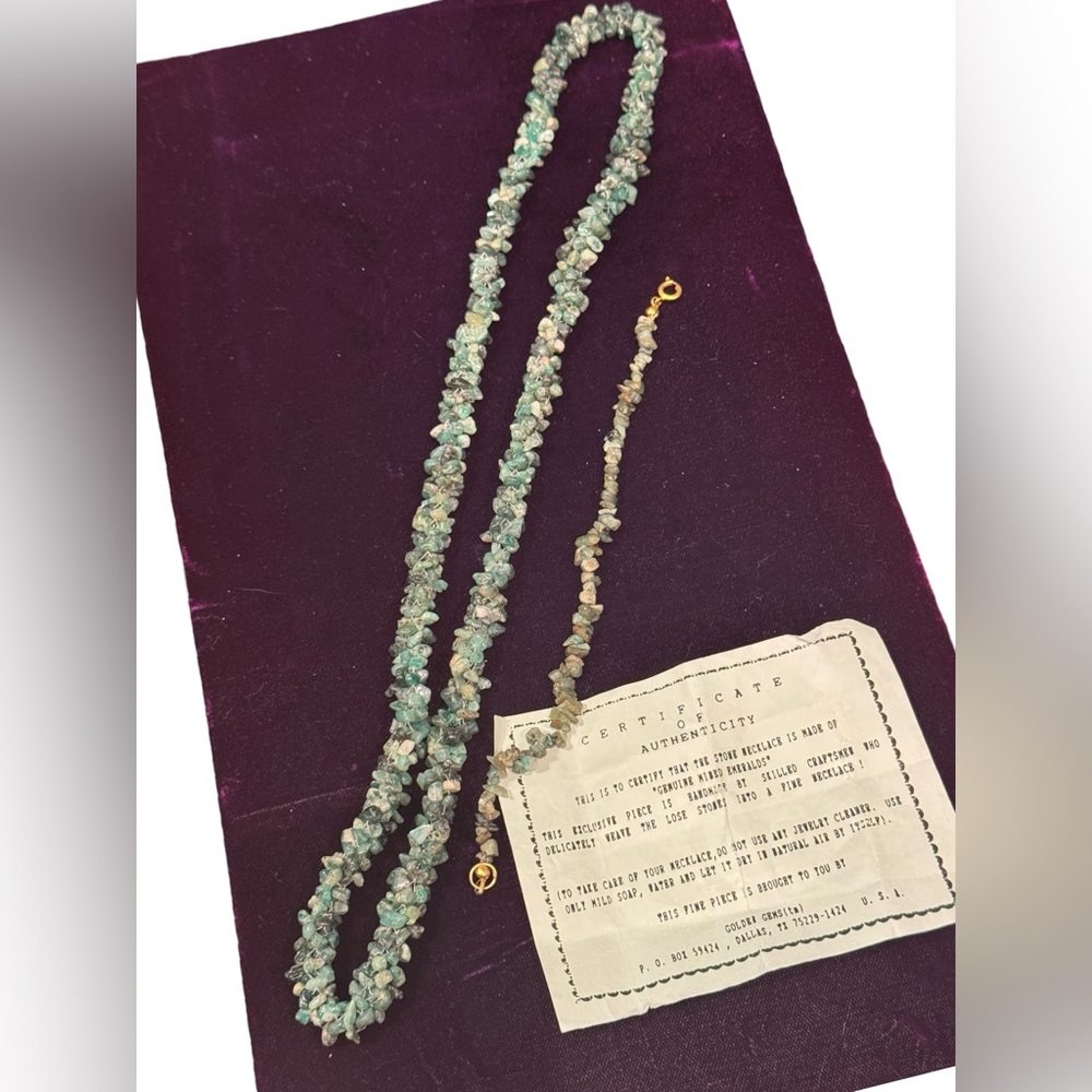 Vintage 1970s Green Emerald chip thick chunky Stone Necklace & Bracelet
